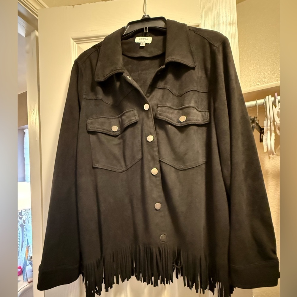 Suede Fringe Button-Front Jacket - Black